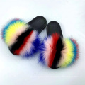 HSTX05-7 Ready To Ship  Kids Rainbow real Fur Slides